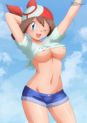 Rule 34 | 1girl, absurdres, blue eyes, blue shorts, blush, breasts, brown hair, cloud, collarbone, covered erect nipples, creatures (company), denim, denim shorts, game freak, head scarf, highres, large breasts, looking at viewer, may (pokemon), navel, nintendo, olm (studio), one eye closed, open mouth, outdoors, pokemon, pokemon (anime), pokemon rse (anime), shiny skin, shirt, short hair, short shorts, short sleeves, shorts, sky, smile, stretching, tied shirt, white shirt, wink, zel-sama