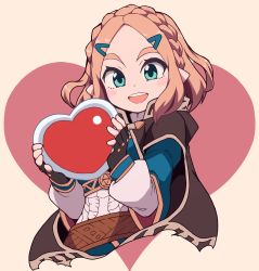 Rule 34 | 1girl, beige background, black cape, black gloves, blue eyes, blue shirt, blush stickers, braid, cape, commentary, cropped torso, fingerless gloves, gameplay mechanics, gloves, hair ornament, hairclip, heart, highres, holding, holding heart, layered sleeves, long sleeves, looking at viewer, medium hair, nintendo, open mouth, pointy ears, princess zelda, shirt, short over long sleeves, short sleeves, smile, solo, the legend of zelda, the legend of zelda: breath of the wild, the legend of zelda: tears of the kingdom, triforce print, upper body, yokoyoko (nazonazo)