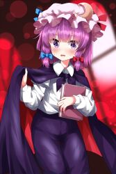 Rule 34 | 1girl, alternate hair length, alternate hairstyle, black cape, black pants, blue bow, blurry, blurry background, blush, book, bow, cape, collared shirt, commentary request, cosplay, hair bow, hat, highres, holding, holding book, long sleeves, looking at viewer, medium hair, mob cap, open mouth, pants, patchouli knowledge, purple eyes, red background, red bow, ruu (tksymkw), shirt, sidelocks, solo, sweat, touhou, white shirt, wriggle nightbug, wriggle nightbug (cosplay)