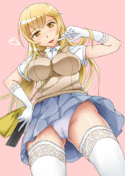 Rule 34 | + +, 1girl, :d, bad id, bad pixiv id, bag, blonde hair, blush, breasts, cameltoe, chain, controller, covered erect nipples, elbow gloves, from below, gloves, hand on own hip, handbag, heart, impossible clothes, large breasts, long hair, looking at viewer, md5 mismatch, open mouth, oumi (rsag), panties, pantyshot, pink background, pleated skirt, remote control, school uniform, shokuhou misaki, short sleeves, simple background, skirt, smile, solo, spider web print, sweater vest, symbol-shaped pupils, thighhighs, toaru kagaku no railgun, toaru majutsu no index, underwear, upskirt, white gloves, white panties, white thighhighs, yellow eyes
