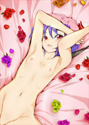 Rule 34 | 1girl, animal ears, armpits, bad id, bad pixiv id, bat wings, bed sheet, blush, breasts, collarbone, commentary request, flower, hat, highres, looking at viewer, lying, navel, nipples, nude, open mouth, orange flower, orange rose, out-of-frame censoring, partially visible vulva, purple flower, purple hair, purple rose, red eyes, red flower, red rose, remilia scarlet, reri, rose, short hair, small breasts, solo, touhou, wings, yellow flower, yellow rose