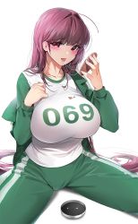 Rule 34 | 1girl, blush, breasts, candy, damda, fate/grand order, fate (series), food, gym uniform, hair intakes, jacket, large breasts, licking, long hair, looking at viewer, pants, red eyes, scathach (fate), solo, sportswear, spread legs, squid game, sweat, track jacket, track pants, track suit