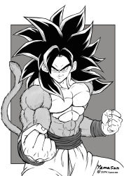 Rule 34 | 1boy, 2094banana, abs, biceps, black hair, body fur, clenched hands, dragon ball, dragon ball gt, grey background, greyscale, highres, looking at viewer, male focus, manly, monkey boy, monkey tail, monochrome, muscular, muscular male, no nipples, pectorals, smirk, solo, son goku, spiked hair, super saiyan, super saiyan 4, tail, toned, toned male, topless male