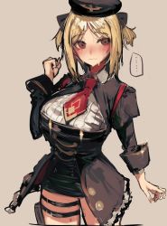Rule 34 | 1girl, absurdres, akitaka takaaki, blonde hair, blush, breasts, brown eyes, girls&#039; frontline, highres, large breasts, mp40 (girls&#039; frontline), official alternate costume, solo, sweat, nervous sweating, thigh strap, undersized clothes