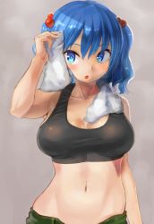 Rule 34 | 1girl, blue eyes, blue hair, blush, breasts, cleavage, collarbone, female focus, hair bobbles, hair ornament, kawashiro nitori, kazo (kazozakazo), large breasts, looking at viewer, matching hair/eyes, midriff, navel, open mouth, pants, solo, sports bra, stomach, touhou, twintails, two side up