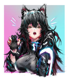 Rule 34 | 1girl, absurdres, ambience synesthesia, animal ear fluff, animal ears, arknights, black gloves, black hair, black jacket, black shirt, blue background, blush, breasts, claw pose, cropped torso, fangs, gloves, gradient background, highres, jacket, large breasts, long hair, long sleeves, looking at viewer, official alternate costume, open clothes, open jacket, open mouth, partially fingerless gloves, purple background, shirt, solo, texas (arknights), upper body, wolf ears, yellow eyes, yuukiey