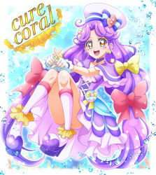 Rule 34 | 1girl, blue bow, boots, bow, brown eyes, capelet, character name, choker, convenient leg, cure coral, dress, earrings, facial mark, fingerless gloves, floating hair, gloves, hair bow, hanzou, hat, hat bow, heart, heart print, highres, jewelry, knee boots, layered dress, long hair, multiple hair bows, precure, purple capelet, purple choker, purple dress, purple hair, red bow, short dress, solo, striped, striped bow, tropical-rouge! precure, very long hair, white footwear, white gloves, white hat, yellow bow