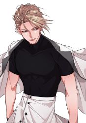 Rule 34 | 1boy, black shirt, blonde hair, blue eyes, coat, coat on shoulders, cowboy shot, earrings, final fantasy, final fantasy vii, final fantasy vii remake, gloves, hair slicked back, half gloves, highres, jewelry, looking to the side, male focus, parted bangs, rufus shinra, shirt, short hair, single earring, smirk, solo, square enix, t-shirt, turtleneck, white background, white coat, y skk