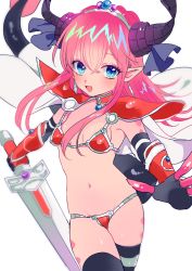 Rule 34 | 1girl, armor, bad id, bad pixiv id, bikini, bikini armor, black thighhighs, blue eyes, blue ribbon, blush, breasts, broadsword, cape, choker, curled horns, elizabeth bathory (brave) (fate), elizabeth bathory (fate), fate/grand order, fate (series), hair ribbon, highres, horns, long hair, looking at viewer, murasaki pomeranian, navel, open mouth, oversized clothes, pauldrons, pink hair, pointy ears, red bikini, ribbon, shoulder armor, small breasts, solo, string bikini, swimsuit, sword, tail, thighhighs, tiara, two side up, vambraces, weapon, white cape