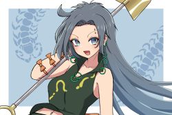 Rule 34 | 1girl, :d, bare shoulders, blue background, blue eyes, bow, breasts, bug, centipede, collarbone, commentary request, ear piercing, earrings, eyebrow piercing, gold, green shirt, grey hair, hand up, highres, himemushi momoyo, holding, holding shovel, jewelry, long hair, looking at viewer, medium breasts, navel piercing, open mouth, orange bow, piercing, ring, shirt, shovel, simple background, smile, solo, touhou, very long hair, zakku (kya--193)