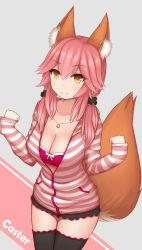 Rule 34 | 10s, animal ears, bad id, bad pixiv id, black thighhighs, blush, bra, breasts, cleavage, collarbone, fate/extra, fate (series), fox ears, fox tail, highres, jewelry, large breasts, necklace, official alternate costume, open clothes, open shirt, pink bra, pink hair, rachione, shirt, solo, striped clothes, striped shirt, tail, tamamo (fate), tamamo no mae (fate/extra), tamamo no mae (spring casual) (fate), thighhighs, underwear, yellow eyes