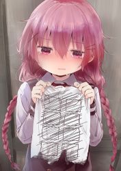 Rule 34 | 10s, 1girl, bow, bowtie, braid, collared shirt, comic girls, commentary request, cover, cover page, crying, crying with eyes open, hair between eyes, hair ornament, hairclip, highres, holding, holding paper, kuroba u, long hair, long sleeves, low twintails, moeta kaoruko, paper, pink hair, red bow, red bowtie, red eyes, shirt, solo, tears, twin braids, twintails, wavy mouth, white shirt, x hair ornament