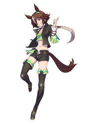 Rule 34 | 1girl, :d, alternate eye color, animal ears, belt, black footwear, black jacket, black shirt, black shorts, boots, brown eyes, brown hair, crop top, full body, grin, hair over one eye, highres, horse ears, horse girl, horse tail, horseshoe, jacket, long hair, long sleeves, looking at viewer, midriff, navel, open mouth, ponytail, shirt, shorts, simple background, smile, solo, tail, teeth, tenkey2022, thigh boots, umamusume, vodka (umamusume), white background, yellow shirt