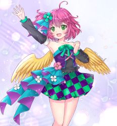 Rule 34 | 1girl, artist name, bare shoulders, beamed eighth notes, checkered clothes, checkered dress, commentary request, dated, detached sleeves, dress, eighth note, feathered wings, green eyes, hair ribbon, harpy (puyopuyo), mitsu masaya, musical note, official alternate costume, open mouth, pink hair, puyopuyo, ribbon, short hair, side ponytail, solo, thighs, waving, wings