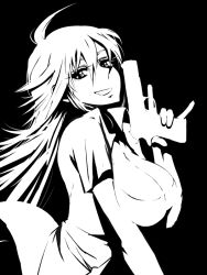 Rule 34 | 10s, 1girl, ahoge, back lace, breasts, cleavage, enoshima iki, greyscale, grin, gun, handgun, long hair, m1911, monochrome, panty &amp; stocking with garterbelt, panty (psg), pistol, simple background, smile, solo, trigger discipline, weapon