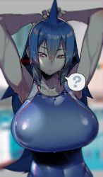 Rule 34 | 1girl, arms up, blue hair, blue one-piece swimsuit, blurry, blush, breasts, competition swimsuit, covered erect nipples, depth of field, highres, large breasts, long hair, looking at viewer, mg no29, one-piece swimsuit, original, red eyes, shark fin, shark girl, shiny skin, solo, standing, swimsuit, upper body, wet