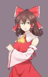 Rule 34 | 1girl, ascot, bow, brown eyes, brown hair, commentary, detached sleeves, grey background, hair bow, hair tubes, hakurei reimu, highres, kakone, looking at viewer, one-hour drawing challenge, open mouth, red bow, red shirt, red skirt, ribbon-trimmed sleeves, ribbon trim, shirt, short hair, sidelocks, simple background, skirt, solo, touhou, yellow ascot