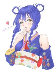 Rule 34 | 1girl, angelic angel, bare shoulders, blue hair, blue kimono, blush, braid, braided hair rings, clothing cutout, commentary request, dated, finger to mouth, hair between eyes, hair rings, heart, highres, japanese clothes, kimono, long hair, looking at viewer, love live!, love live! school idol project, shoulder cutout, simple background, solo, sonoda umi, twin braids, upper body, white background, yellow eyes