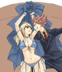 Rule 34 | 1boy, 1girl, armlet, arms up, bikini, blonde hair, bracelet, breasts, cleavage, fairy tail, formal, hand on another&#039;s head, jewelry, large breasts, looking at another, lucy heartfilia, mashima hiro, natsu dragneel, navel, necklace, necktie, pink hair, smile, spiked hair, stomach, suit, swimsuit, underboob