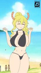 Rule 34 | 1girl, animated, beach, bikini, bl ant, black bikini, blonde hair, bouncing breasts, breasts, choker, closed eyes, cloud, dragon girl, dragon horns, facing viewer, female focus, highres, horizon, horns, huge breasts, kobayashi-san chi no maidragon, looping animation, lucoa (maidragon), mountain, navel, ocean, outdoors, people, ponytail, sand, side to side, smile, solo, sound, swimsuit, tagme, thick thighs, thighs, video, w arms, wide hips