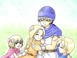 Rule 34 | 2boys, 2girls, age difference, bianca (dq5), blonde hair, bow, braid, brother and sister, cape, child, dragon quest, dragon quest v, closed eyes, family, father and daughter, father and son, gloves, gochan, hair bow, hand on head, hero&#039;s daughter (dq5), hero&#039;s son (dq5), hero (dq5), hug, jealous, mother and daughter, mother and son, multiple boys, multiple girls, headpat, siblings, single braid, smile, twins, aged down