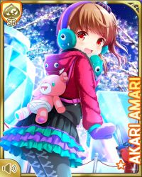 Rule 34 | 1girl, amari akari, black legwear, bow, brown hair, card (medium), character name, collarbone, earmuffs, frilled skirt, frills, from behind, girlfriend (kari), gloves, hair ornament, hood, hood down, hoodie, ice, jacket, looking at viewer, multicolored hair, night, official art, open mouth, outdoors, ponytail, qp:flapper, red eyes, red jacket, shirt, short hair, side ponytail, sidelocks, skirt, smile, snow, solo, standing, streaked hair, stuffed animal, stuffed toy, tagme, teddy bear, winter clothes