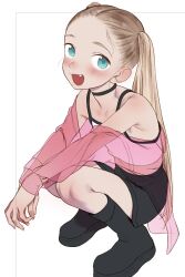 Rule 34 | 1girl, black choker, black footwear, black skirt, blush, boots, brown hair, child, choker, commentary, crop top, fang, flat chest, green eyes, haguhagu (rinjuu circus), highres, long hair, long sleeves, looking at viewer, open mouth, original, sasha (haguhagu), shirt, simple background, skirt, smile, solo, squatting, symbol-only commentary, twintails, unfinished, white background, white shirt