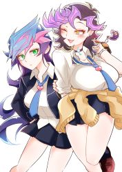 Rule 34 | 2girls, ai (yu-gi-oh!), blush, bracelet, breasts, cardigan, cardigan around waist, clothes around waist, colored tips, commentary request, fujiki yusaku, genderswap, genderswap (mtf), green eyes, heart, jewelry, charm (object), large breasts, long hair, multicolored hair, multiple girls, necktie, one eye closed, open mouth, pointy hair, slit pupils, spiked hair, tarano100000, very long hair, yellow eyes, yu-gi-oh!, yu-gi-oh! vrains