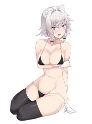 Rule 34 | 1girl, absurdres, agu (antyosan), arm under breasts, bikini, black bikini, black thighhighs, blue eyes, blush, braid, breasts, cleavage, commentary, full body, gloves, grey hair, highres, izayoi sakuya, large breasts, looking at viewer, maid headdress, open mouth, short hair, side braids, simple background, solo, swimsuit, thighhighs, touhou, twin braids, white background, white gloves