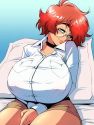 Rule 34 | 1girl, bed, blue eyes, breasts, choker, glasses, highres, huge breasts, lips, long sleeves, looking at viewer, maxine (balak), original, pillow, red hair, seductive smile, shirt, short hair, sitting, skirt, smile, thick eyebrows, thick thighs, thighs, white shirt, yves bigerel