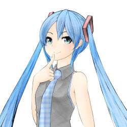 Rule 34 | 1girl, alternate hair color, aqua eyes, aqua hair, bad id, bad pixiv id, bare shoulders, blue hair, finger to mouth, hatsune miku, highres, long hair, looking at viewer, necktie, nekobaka, simple background, smile, solo, thinking, twintails, upper body, very long hair, vocaloid