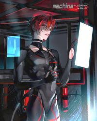 Rule 34 | 1boy, artist name, black bodysuit, black choker, bodysuit, character name, choker, collarbone, covered navel, drink, facing to the side, gloves, gluteal fold, hair between eyes, highres, holding, holding drink, holostars, holostars english, interior, jullian kk, light particles, looking at screen, machina x flayon, male focus, parted lips, pectorals, pink lips, red eyes, red hair, science fiction, short hair, signature, skin tight, standing, tail, tight clothes, toned, toned male, upper body