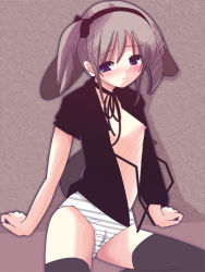 Rule 34 | 1girl, animal ears, arm support, black thighhighs, blouse, blue eyes, blush, breasts, choker, dog ears, grey panties, hair ribbon, nipple slip, nipples, no pants, open clothes, open shirt, original, panties, ribbon, shirt, short hair, short twintails, silver hair, sitting, small breasts, solo, striped clothes, striped panties, thighhighs, twintails, underwear