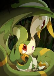 Rule 34 | blurry, blurry background, cave interior, creatures (company), depth of field, game freak, gen 5 pokemon, highres, looking at another, nintendo, no humans, open mouth, plant, pokemon, pokemon (creature), serperior, snivy, vines, winter939