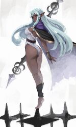 Rule 34 | 1girl, absurdres, aqua hair, ass, black cape, breasts, cape, cloak, closed mouth, commentary, dark-skinned female, dark skin, double-blade, gold trim, highres, holding, holding polearm, holding weapon, large breasts, leotard, long hair, pointy ears, polearm, purple cloak, red eyes, rosalinde (unicorn overlord), simple background, smile, solo, standing, strapless, strapless leotard, tiptoes, unicorn overlord, weapon, white background, white leotard, yan kodiac