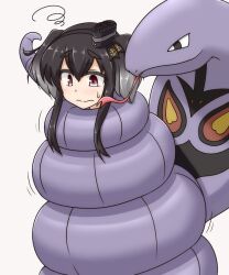 Rule 34 | 1girl, anchor symbol, arbok, black hair, blush, closed mouth, commission, constriction, creatures (company), crossover, forked tongue, game freak, gen 1 pokemon, grey background, grey hair, hat, kantai collection, konokiya, mini hat, multicolored hair, nintendo, pokemon, pokemon (creature), red eyes, short hair with long locks, simple background, skeb commission, sweat, tokitsukaze (kancolle), tongue
