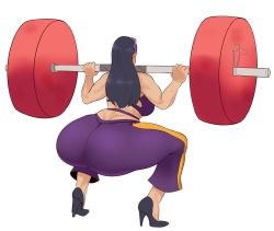 Rule 34 | 1girl, ass, black hair, dark-skinned female, dark skin, exercising, glasses, huge ass, looking at viewer, nico robin, one piece, simple background, squatting, sunnysundown, tagme, weightlifting, weights