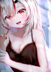 Rule 34 | 1girl, breasts, cleavage, highres, hololive, long hair, looking at viewer, medium breasts, nakiri ayame, open mouth, red eyes, seta (seta105), smile, solo, virtual youtuber, white hair