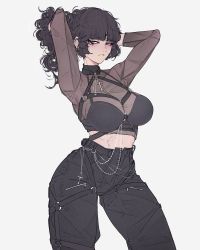 Rule 34 | 1girl, arms up, black hair, black pants, blush, breasts, cowboy shot, cross, cross necklace, curly hair, ear piercing, elliemaplefox, grey eyes, highres, jewelry, large breasts, long hair, midriff, mole, mole under eye, necklace, original, pants, piercing, ponytail, simple background, solo, thick thighs, thighs, white background