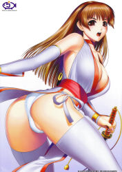 Rule 34 | 1girl, absurdres, ass, blush, breasts, brown eyes, brown hair, choker, cleavage, curvy, dead or alive, highres, iruma kamiri, japanese clothes, kasumi (doa), katana, large breasts, long hair, looking back, nail polish, ninja, open mouth, panties, pantyshot, pelvic curtain, scan, simple background, solo, sword, tecmo, thighhighs, underwear, weapon, white thighhighs