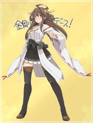 Rule 34 | 10s, 1girl, bad id, bad pixiv id, boots, brown hair, double bun, hair ornament, honeycomb (pattern), honeycomb background, honeycomb pattern, kantai collection, kongou (kancolle), long hair, long sleeves, looking at viewer, nacl, nontraditional miko, personification, pleated skirt, ribbon-trimmed sleeves, ribbon trim, shokuen shiwe, skirt, smile, solo, thigh boots, thighhighs, wide sleeves, zettai ryouiki