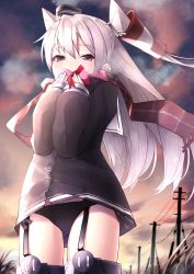 Rule 34 | 1girl, absurdres, amatsukaze (kancolle), black dress, black panties, blurry, blurry background, box, breath, cloud, cloudy sky, commentary request, covered mouth, depth of field, dress, fringe trim, garter straps, gift, gift box, gloves, gluteal fold, hair between eyes, hair tubes, hands up, hat, heart-shaped box, highres, holding, holding gift, kantai collection, long hair, long sleeves, looking at viewer, mini hat, outdoors, panties, power lines, puffy long sleeves, puffy sleeves, red eyes, red scarf, scarf, short dress, side-tie panties, silver hair, single glove, sky, sleeves past wrists, smokestack, solo, sunset, thighhighs, two side up, underwear, utility pole, valentine, very long hair, white gloves, zetsuriinu (kairyougata)