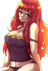 Rule 34 | 1340smile, 1girl, absurdres, bare arms, bare shoulders, blush, breasts, cleavage, collarbone, crop top, facial mark, fire emblem, fire emblem engage, hair ornament, highres, long hair, looking at viewer, medium breasts, navel, nintendo, red eyes, red hair, simple background, solo, spaghetti strap, star (symbol), star hair ornament, strap slip, yunaka (fire emblem)
