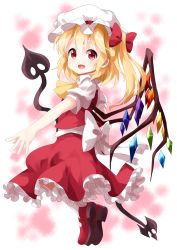 Rule 34 | 1girl, ascot, blonde hair, bow, flandre scarlet, hat, hat bow, highres, laevatein, looking at viewer, mary janes, open mouth, petticoat, puffy short sleeves, puffy sleeves, red bow, red eyes, red footwear, red skirt, red vest, ruu (tksymkw), shoes, short hair, short sleeves, side ponytail, skirt, smile, socks, solo, touhou, vest, white background, white socks, wings, yellow ascot