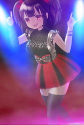 Rule 34 | 1girl, :d, babymetal, black hair, black pantyhose, blackminolith (2ne), blurry, blurry background, bow, indoors, m/, open mouth, pantyhose, red eyes, red skirt, shoulder spikes, skirt, sleeveless, smile, spikes, striped clothes, striped thighhighs, thighhighs, twintails, wristband