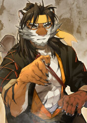 Rule 34 | 1boy, arknights, beard, black hair, black nails, facial hair, fingernails, furry, furry male, headband, huai tianpei (arknights), long fingernails, long hair, looking at viewer, male focus, open clothes, parted lips, short sleeves, sokimi (sosojovan), solo, thick eyebrows, upper body, v-shaped eyebrows, yellow eyes