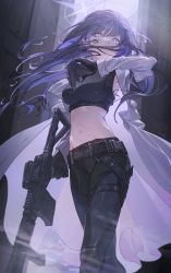 Rule 34 | 1girl, absurdres, armpit peek, assault rifle, bangs, belt, black belt, black gloves, black pants, black shirt, blue archive, blue eyes, coat, covered mouth, crop top, detached sleeves, feet out of frame, gloves, gun, halo, highres, holding, holding gun, holding weapon, hxxg, long hair, looking at viewer, midriff, navel, pants, purple hair, rifle, saori (blue archive), scope, shirt, sig 516, sleeveless, sleeveless shirt, snap-fit buckle, solo, standing, underbust, wall, weapon, white coat