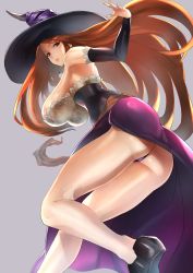 Rule 34 | 1girl, absurdres, ass, bare shoulders, blush, breasts, cleavage, detached sleeves, dragon&#039;s crown, dress, from behind, from below, hat, highres, hotate-chan, huge ass, huge breasts, leaning, leaning forward, long hair, looking back, open mouth, orange hair, panties, pantyshot, parted lips, red eyes, shiny clothes, shiny skin, smile, solo, sorceress (dragon&#039;s crown), staff, thighs, thong, underboob, underwear, upskirt, very long hair