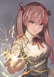 Rule 34 | 1girl, aikawa megumi, amayomiyu, black ribbon, blurry, breasts, collared shirt, commentary request, depth of field, electricity, electrokinesis, foreshortening, green eyes, grey background, grin, hair between eyes, hair ribbon, hand up, heaven burns red, long hair, looking at viewer, medium breasts, neck ribbon, pink hair, red ribbon, ribbon, shirt, simple background, smile, solo, twitter username, two side up, upper body, v-shaped eyebrows, white shirt