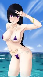 Rule 34 | 1girl, absurdres, bikini, black hair, breasts, day, highres, huge filesize, large breasts, ocean, original, outdoors, solo, standing, swimsuit, tagme, v, vocher, wading
